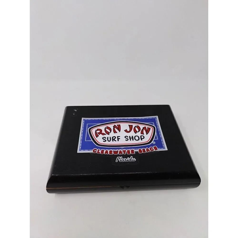 Black Wooden Cigarbox With Ron Jon Surf Shop Sticker Metal Hinges and Gold Label